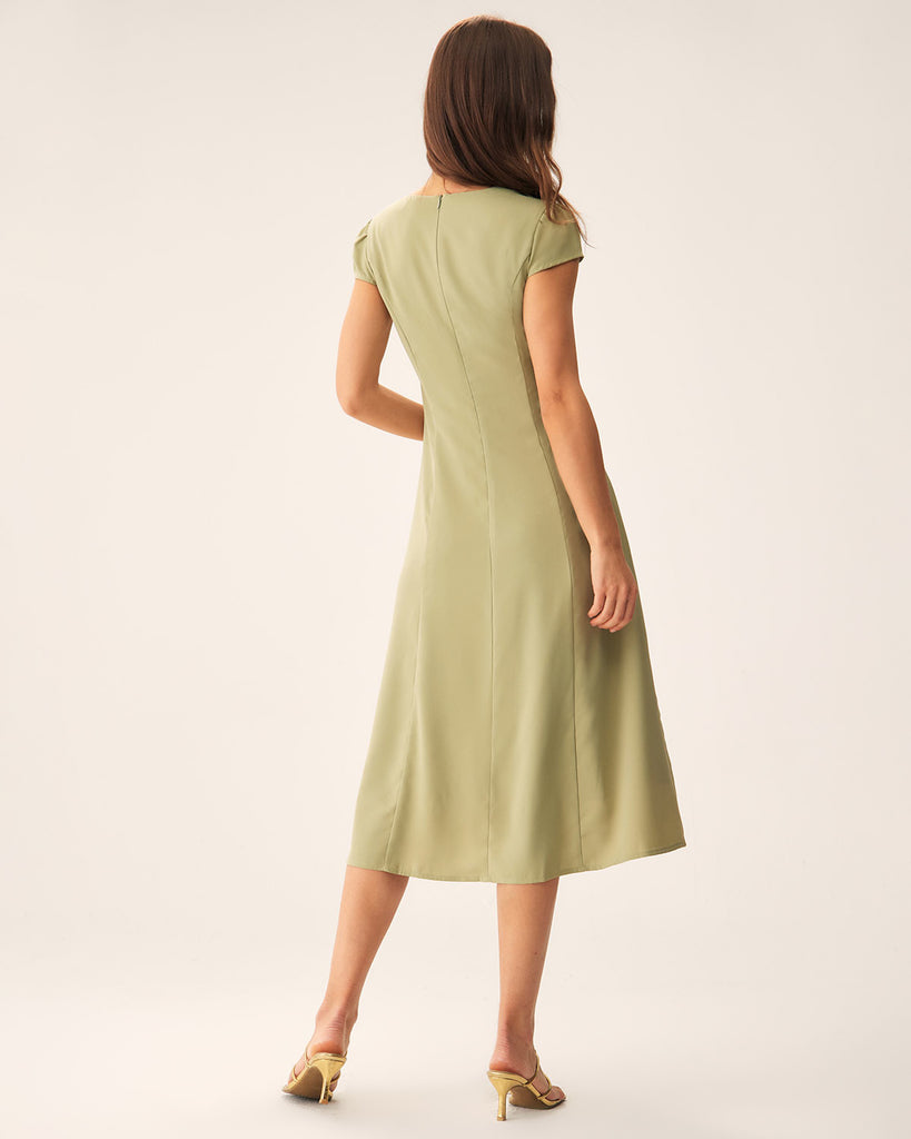 Green V-Neck Button Midi Dress