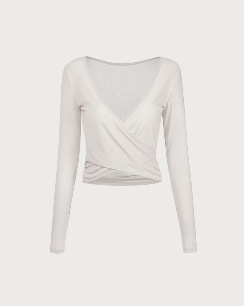 Beige Surplice Long Sleeve Top - Light Support