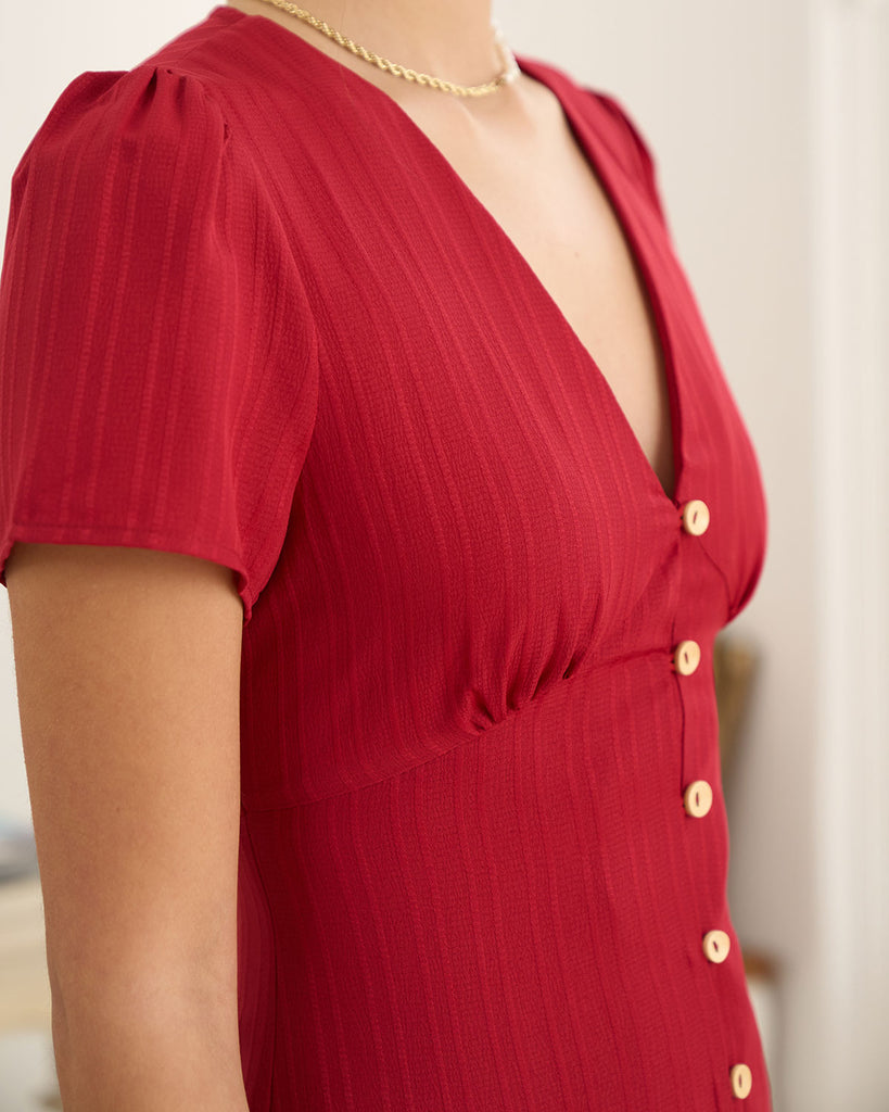 The Red V Neck Shirred Puff Sleeve Midi Dress