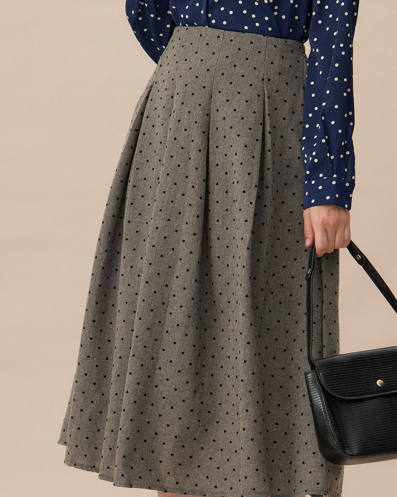 Grey Polka Dot Pleated Midi Skirt