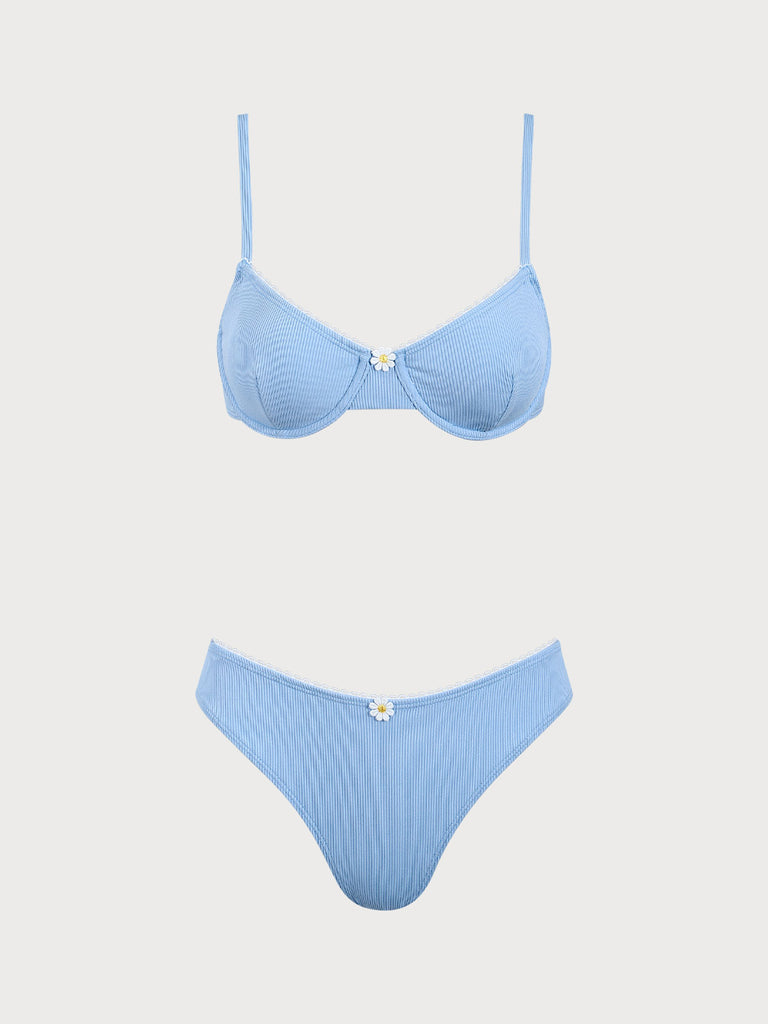 Polyester Knitted Daisy Underwire Bikini Set Light Blue Bikinis - RIHOAS