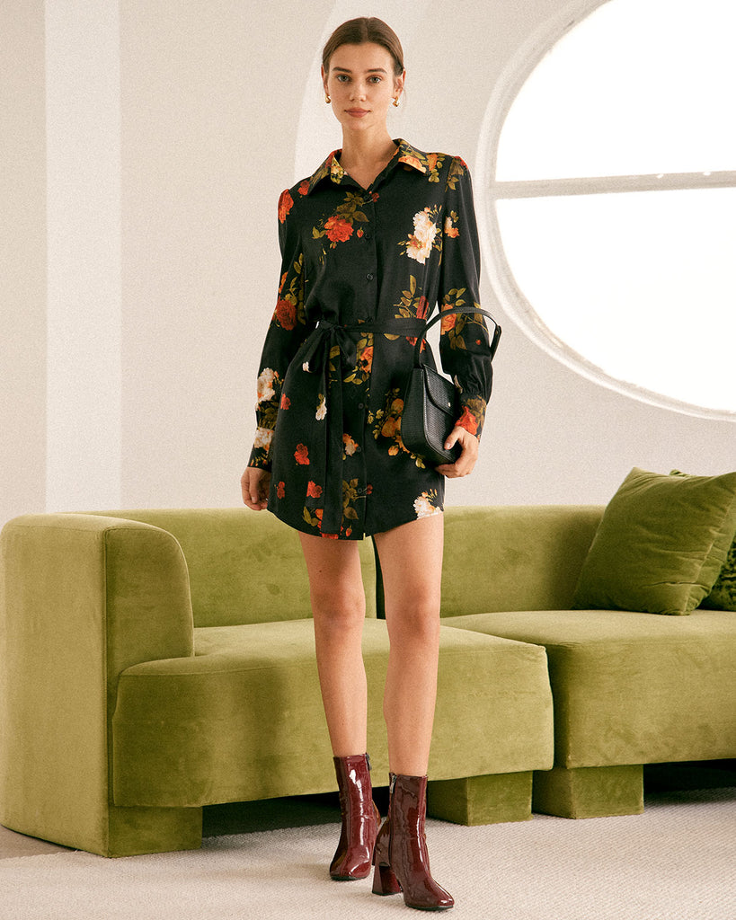 The Black Collared Floral Satin Mini Dress Dresses - RIHOAS