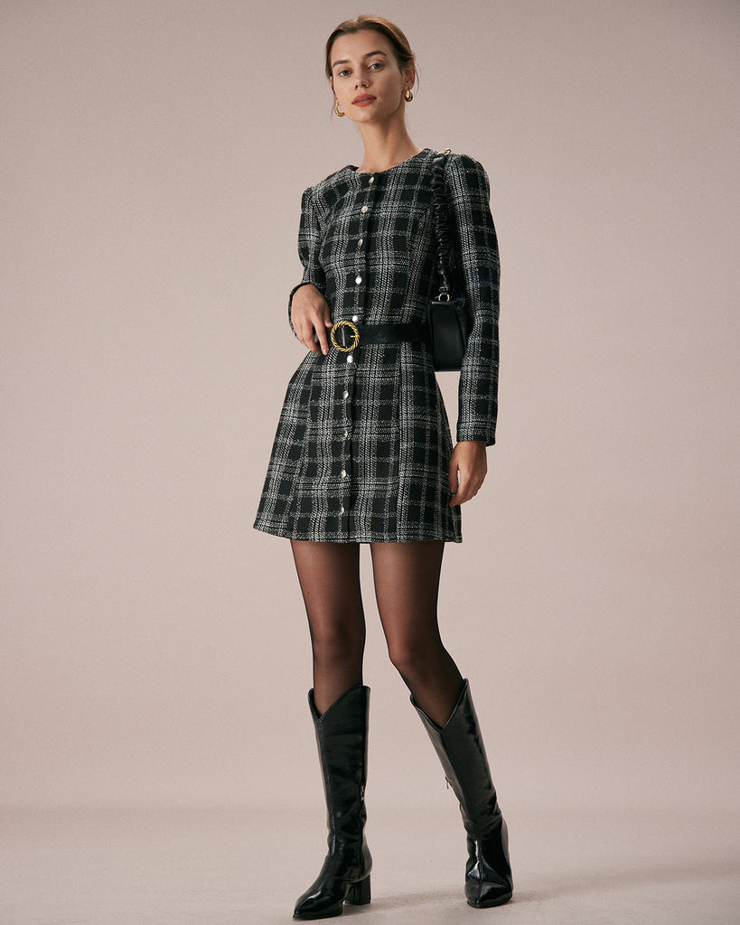 The Black Crew Neck Plaid Mini Dress Black Dresses - RIHOAS