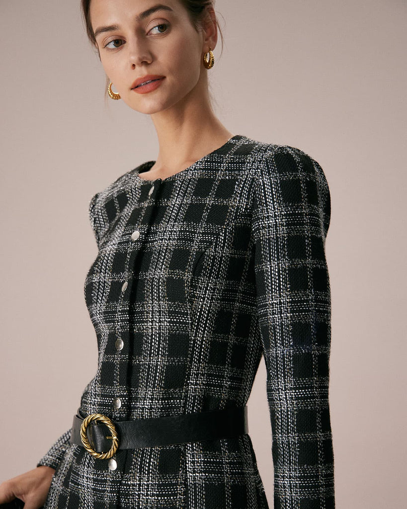 The Black Crew Neck Plaid Mini Dress Dresses - RIHOAS