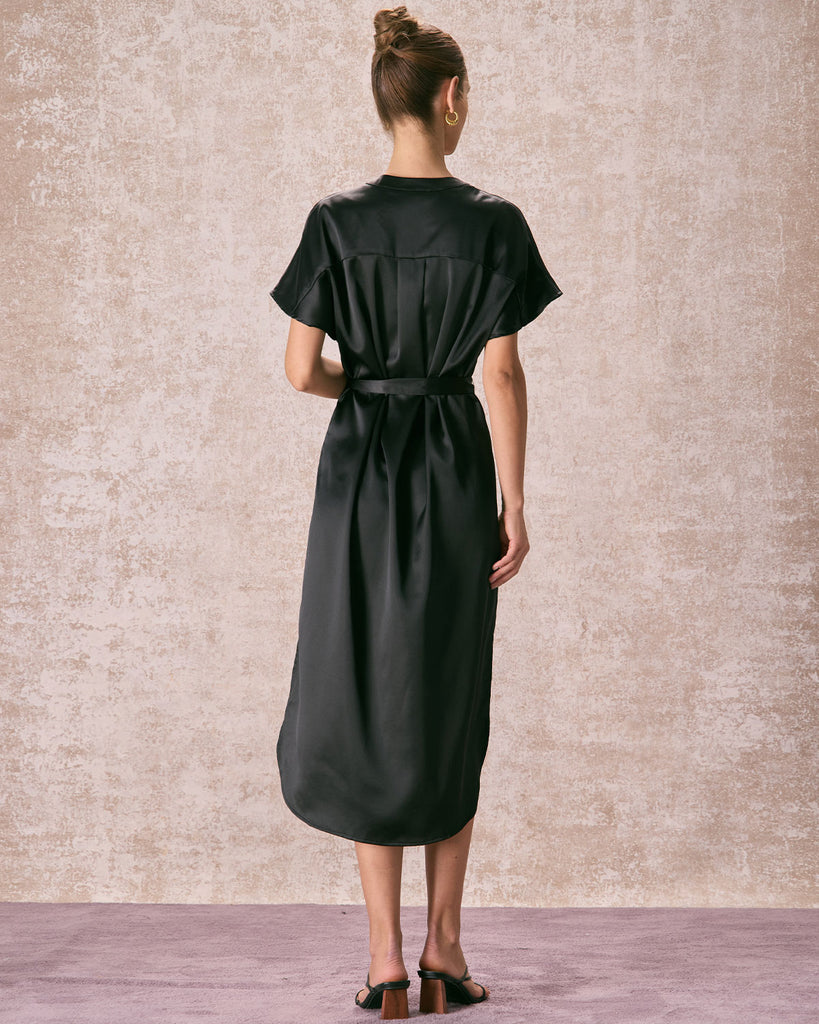 The Black Crew Neck Satin Midi Dress Dresses - RIHOAS