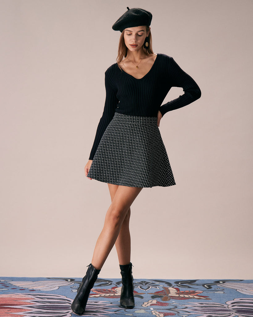 The Black High Waisted Tweed Mini Skirt Bottoms - RIHOAS