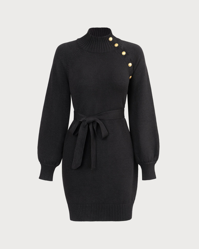 The Black Mock Neck Lantern Sleeve Sweater Dress Dresses - RIHOAS