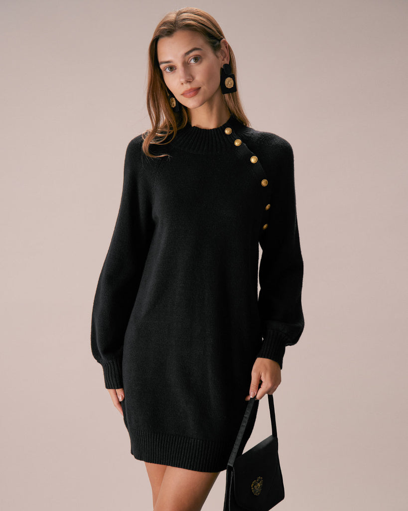 The Black Mock Neck Lantern Sleeve Sweater Dress Dresses - RIHOAS