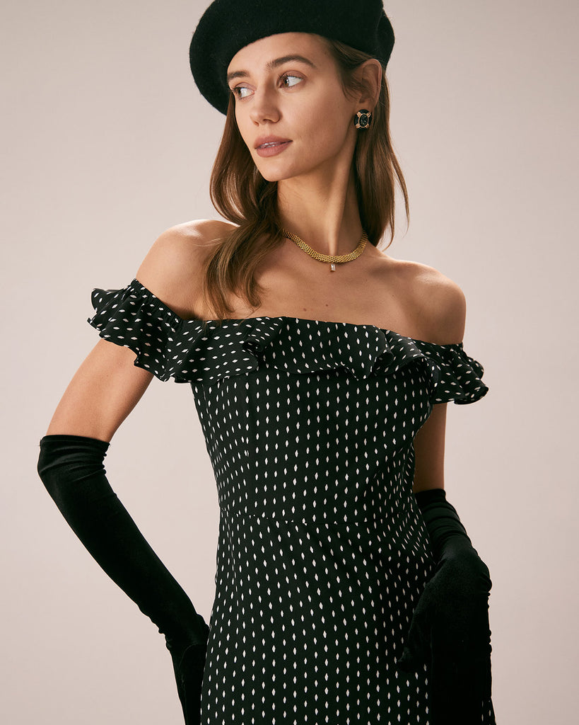 The Black Off The Shoulder Ruffle Midi Dress Dresses - RIHOAS