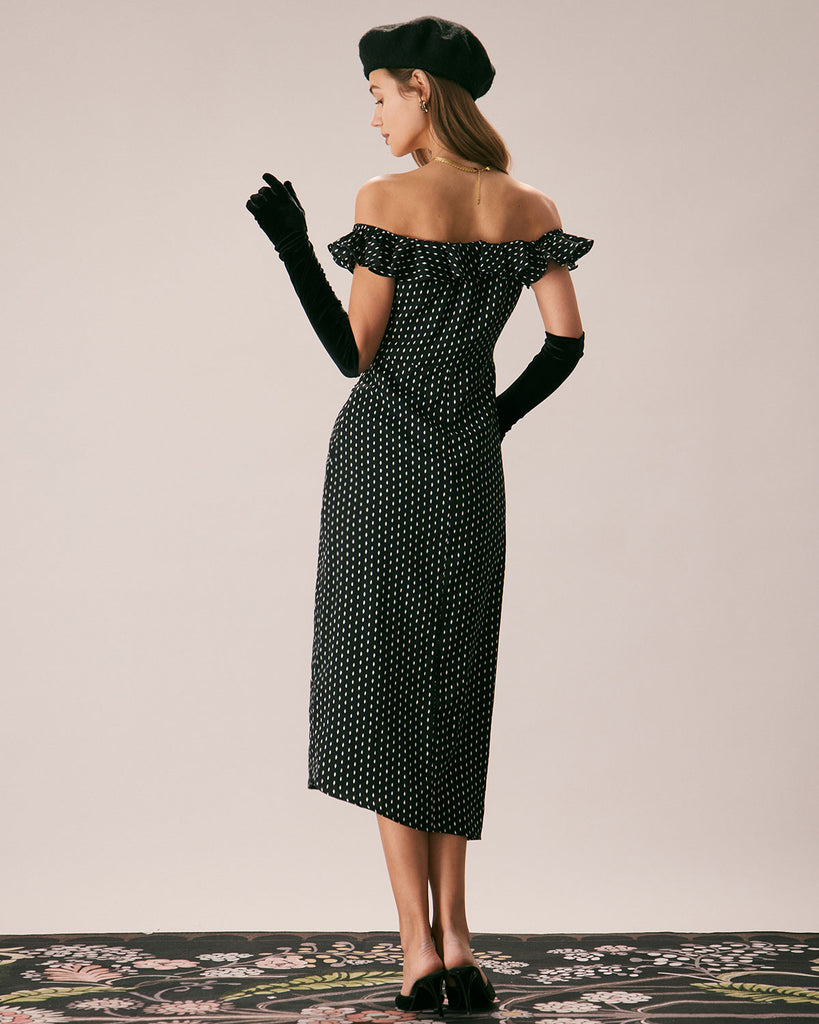 The Black Off The Shoulder Ruffle Midi Dress Dresses - RIHOAS