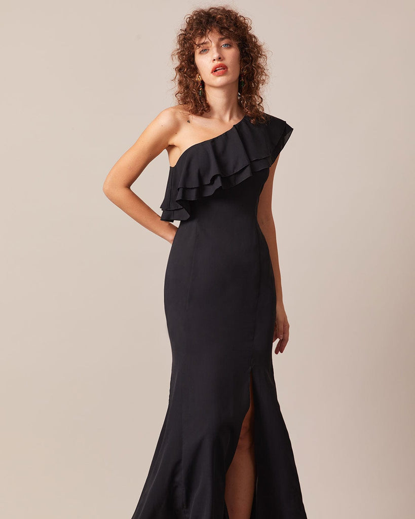 The Black One Shoulder Slit Maxi Dress Dresses - RIHOAS