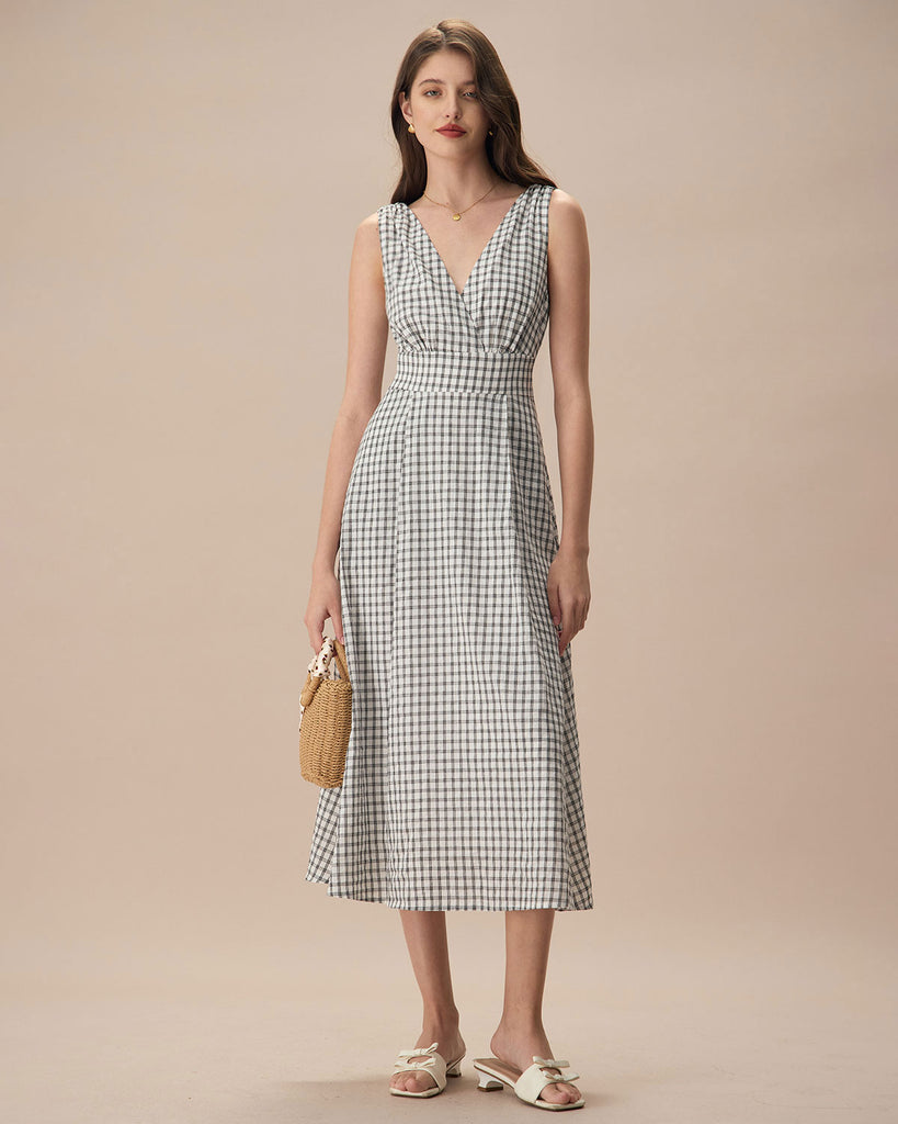 The Black Plaid Tie Strap Midi Dress Black Dresses - RIHOAS