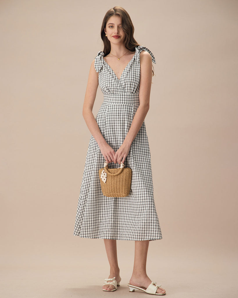 The Black Plaid Tie Strap Midi Dress Dresses - RIHOAS