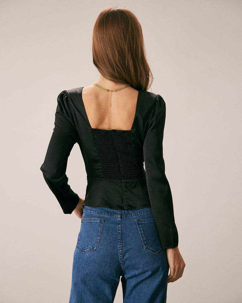 The Black Satin Ruched Blouse Tops - RIHOAS