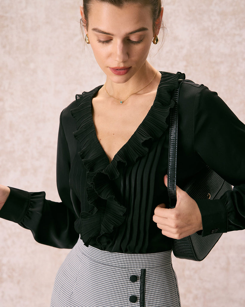 The Black V-Neck Pleated Blouse Tops - RIHOAS