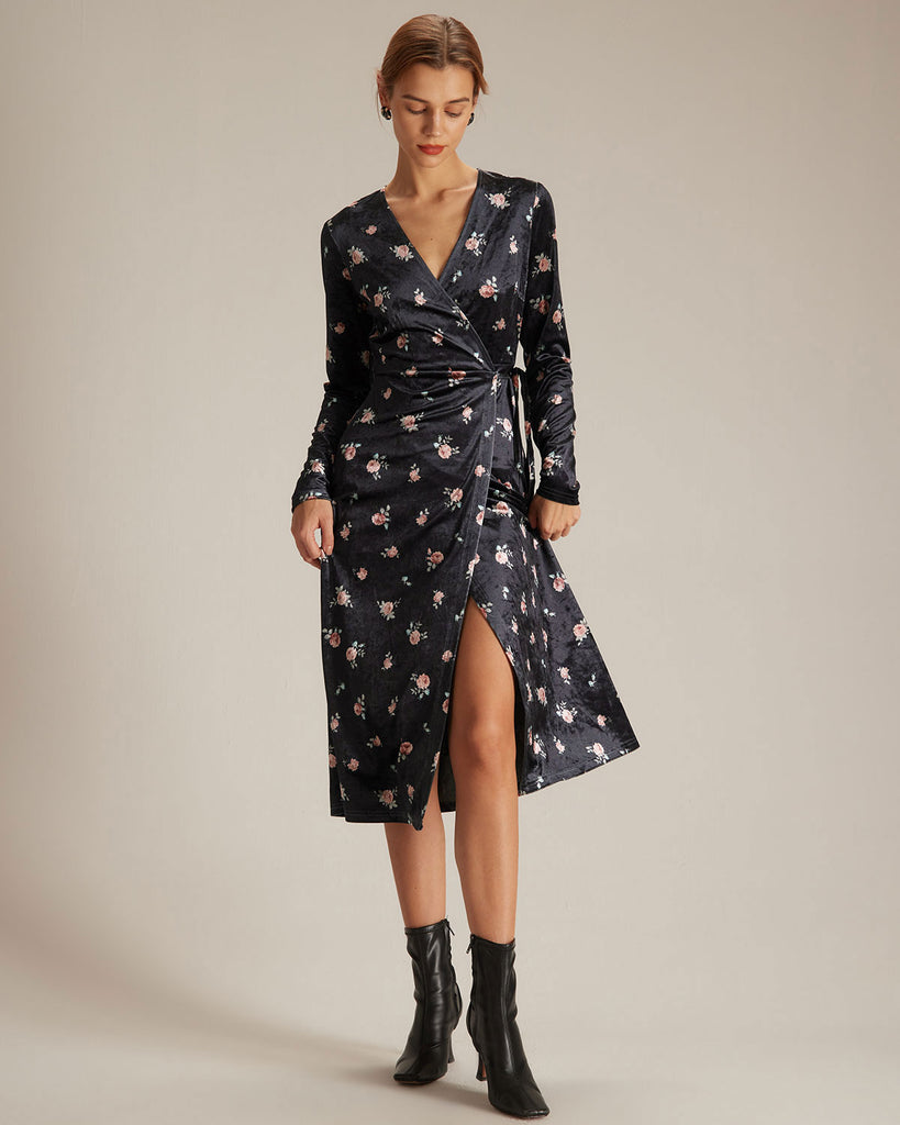 The Black V Neck Floral Velvet Midi Dress Dresses - RIHOAS