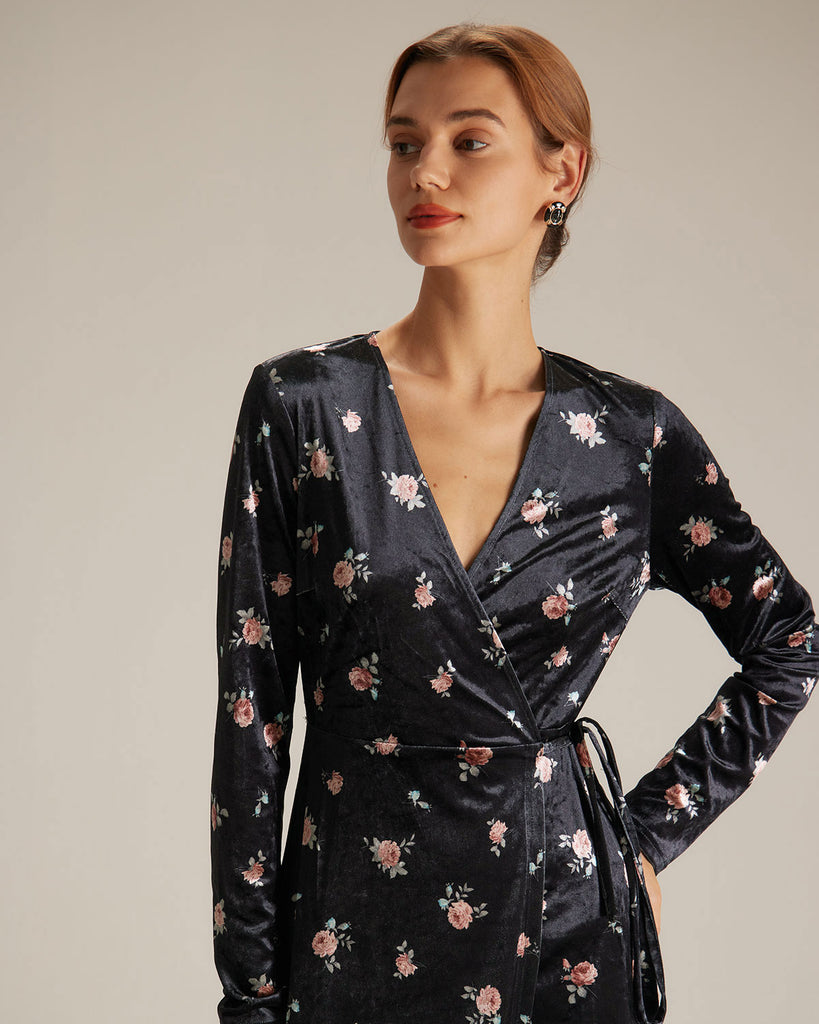 The Black V Neck Floral Velvet Midi Dress Dresses - RIHOAS