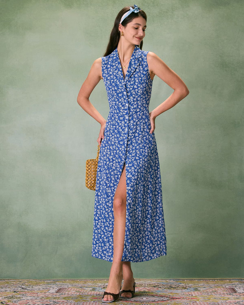 The Blue Collared Floral Maxi Dress Blue Dresses - RIHOAS