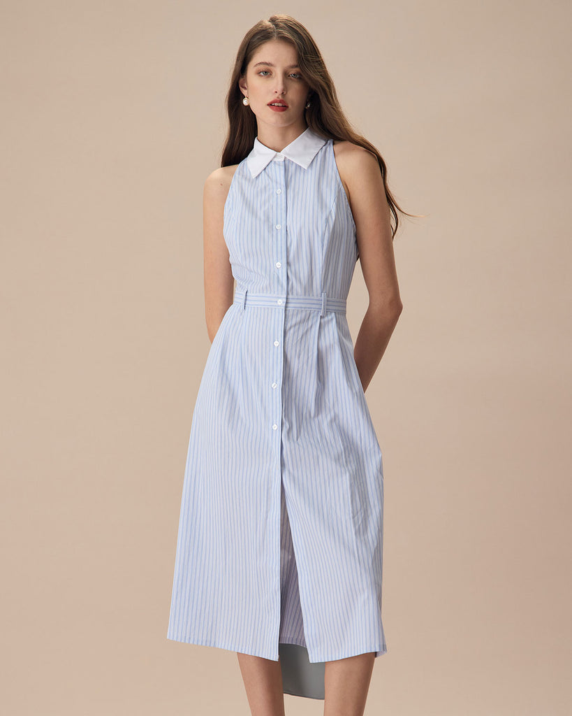 The Blue Lapel Striped Midi Dress Blue Dresses - RIHOAS