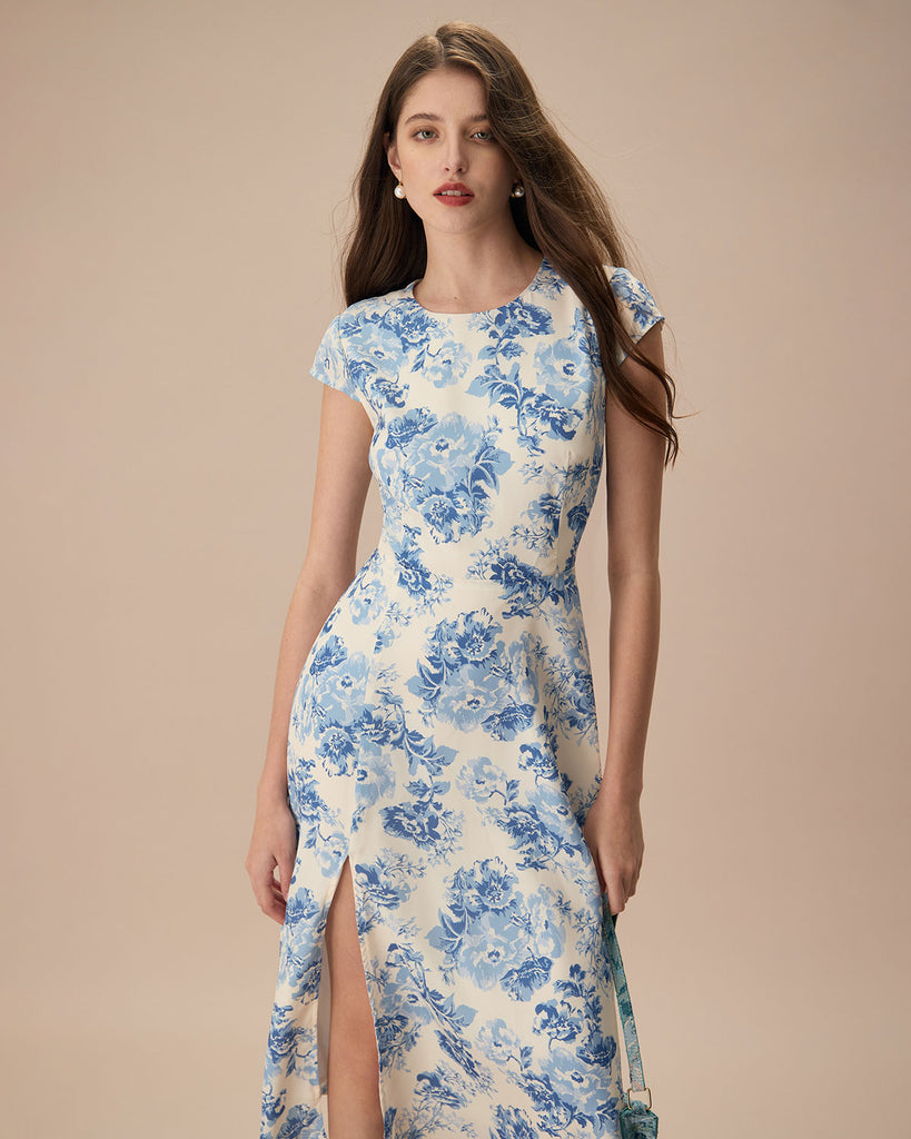 The Blue Round Neck Cap Sleeve Floral Midi Dress Dresses - RIHOAS