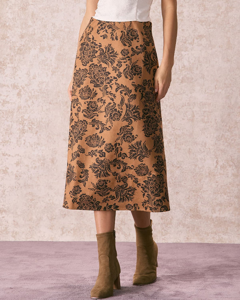 The Brown Floral Suede Midi Skirt Bottoms - RIHOAS