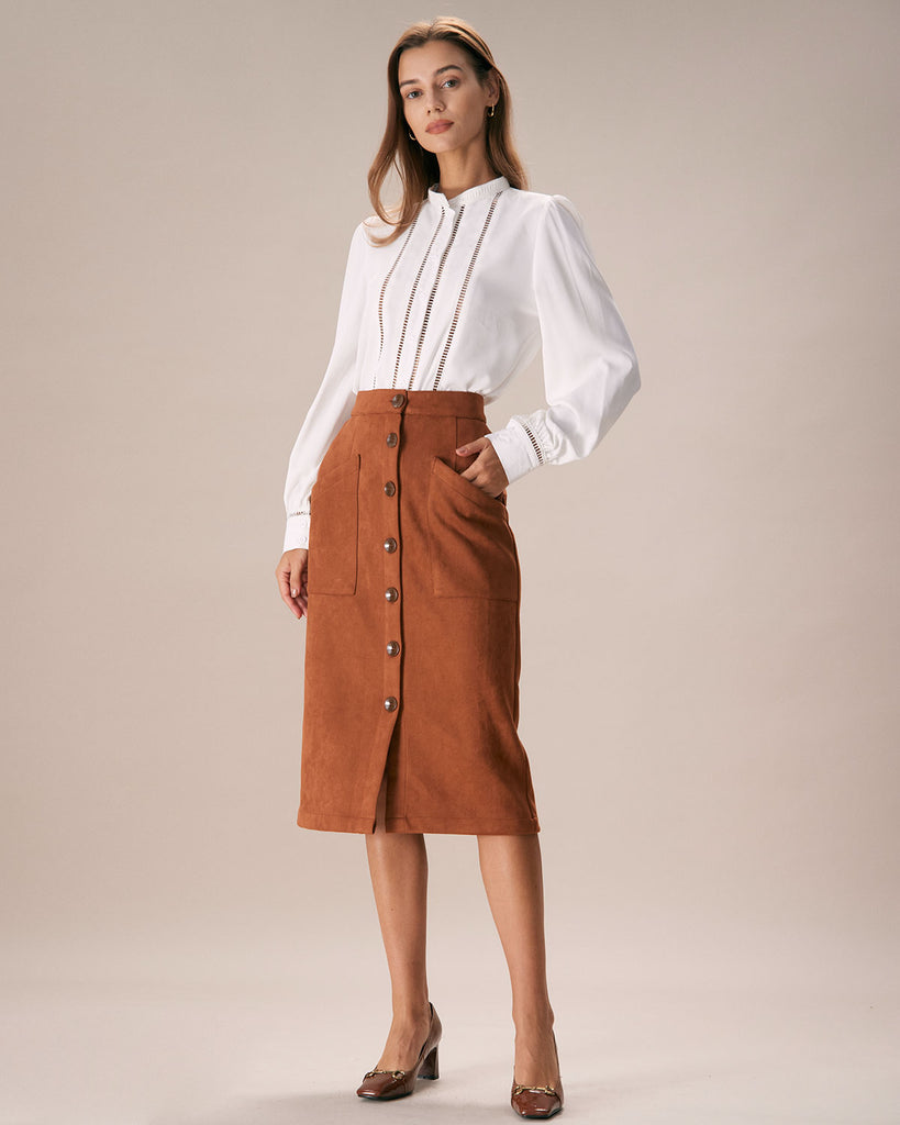 The Brown Single-breasted Suede Midi Skirt Bottoms - RIHOAS