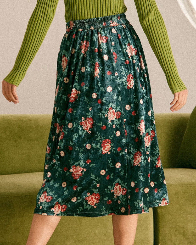 The Green Floral Velvet Midi Skirt Bottoms - RIHOAS