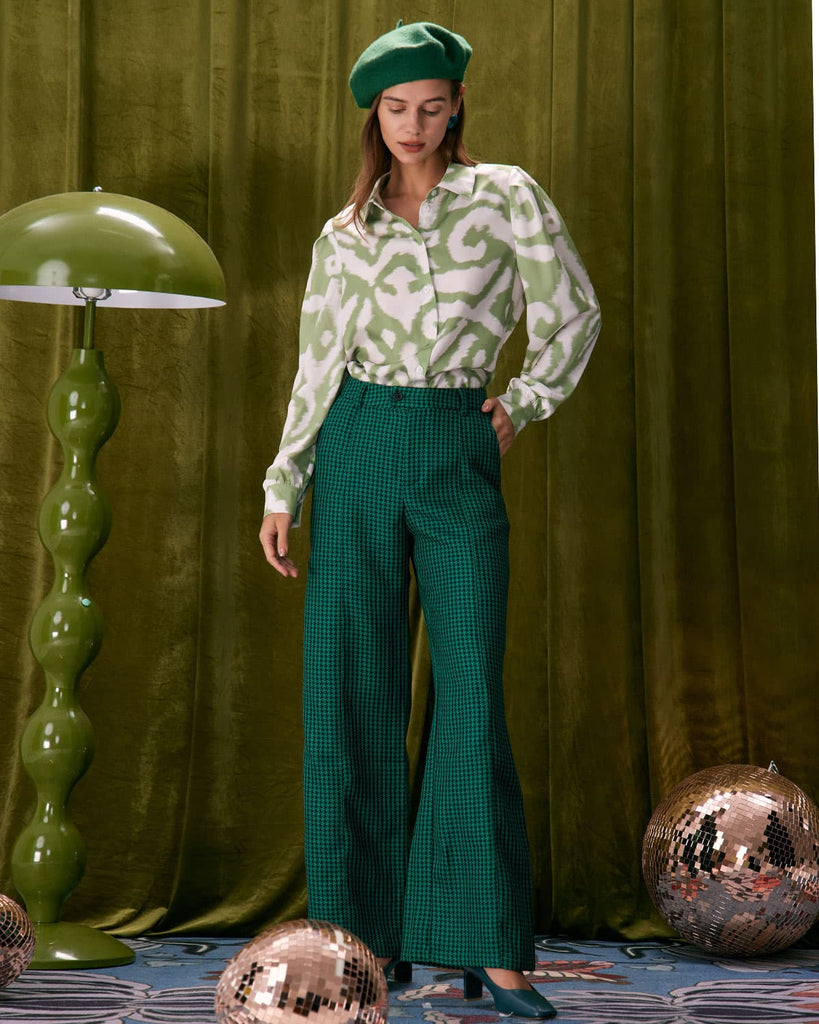 The Green Houndstooth Wide Leg Pants Bottoms - RIHOAS