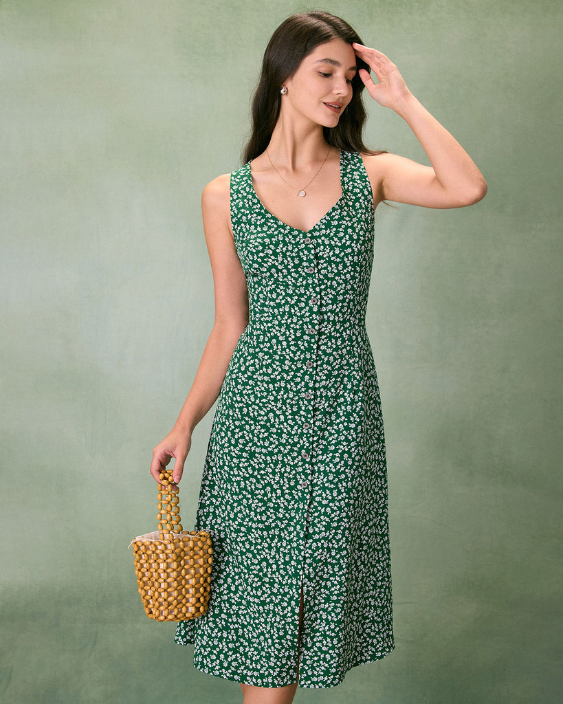 The Green V Neck Floral Button Midi Dress Dresses - RIHOAS