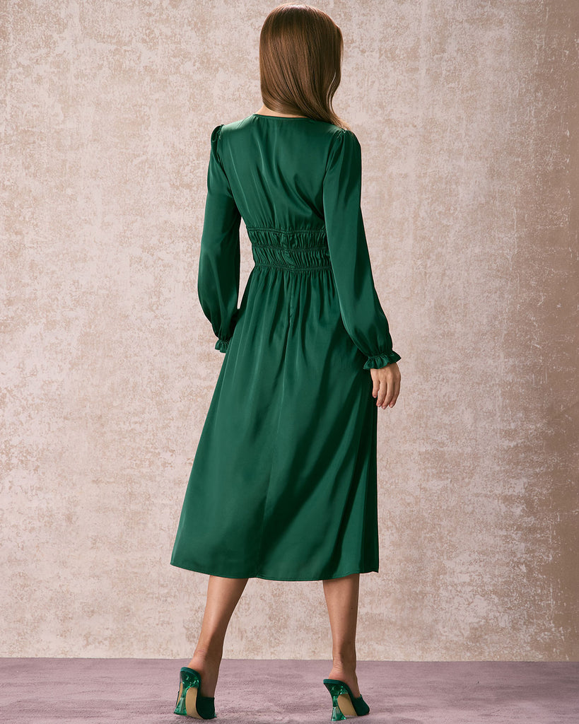 The Green V Neck Satin Midi Dress Dresses - RIHOAS