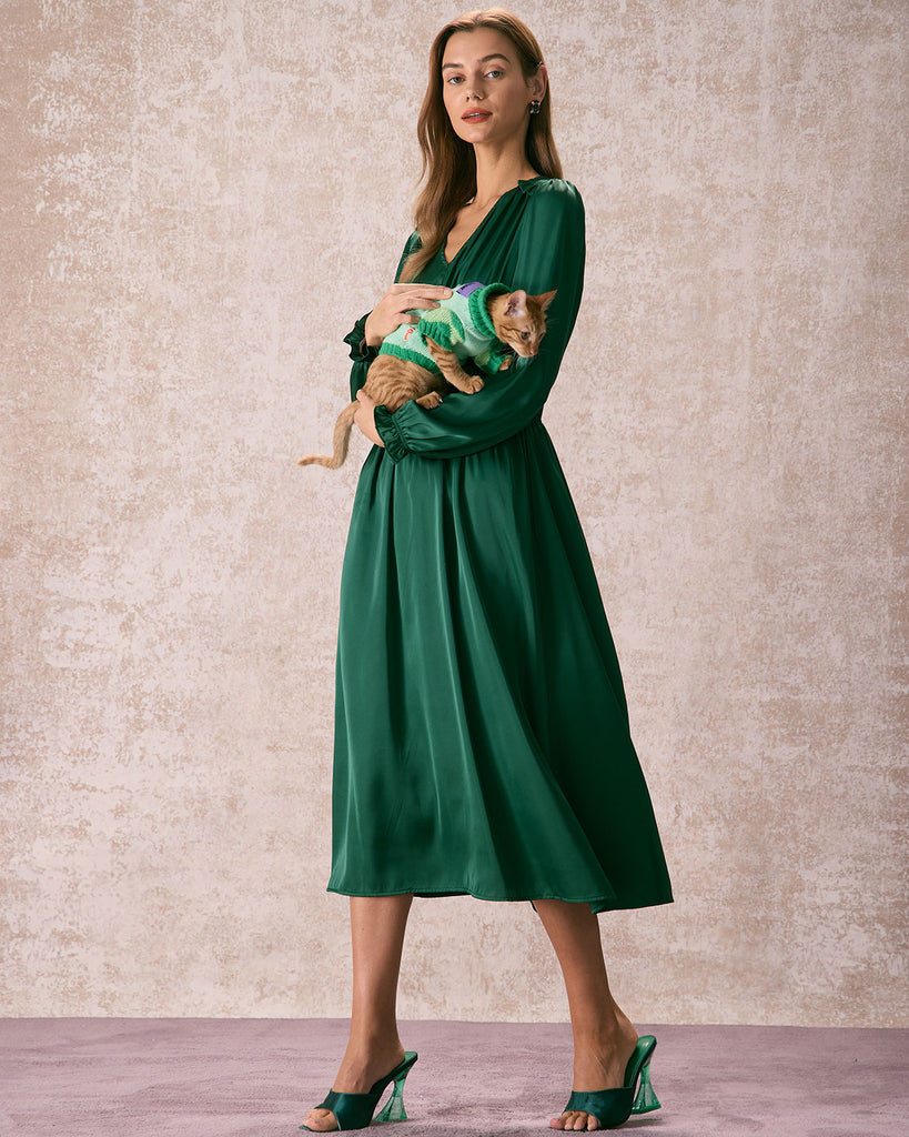 The Green V Neck Satin Midi Dress Dresses - RIHOAS