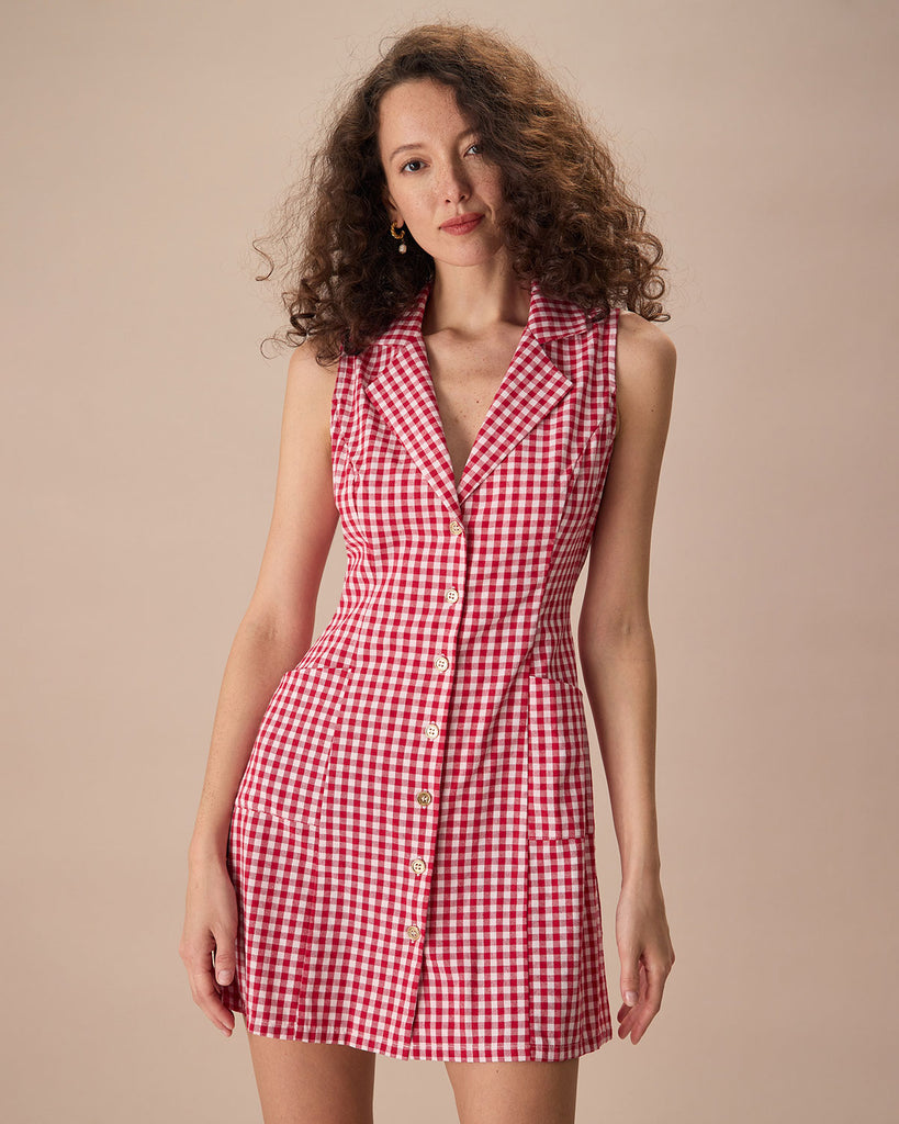 The Lapel Plaid Sleeveless Mini Dress Red Dresses - RIHOAS