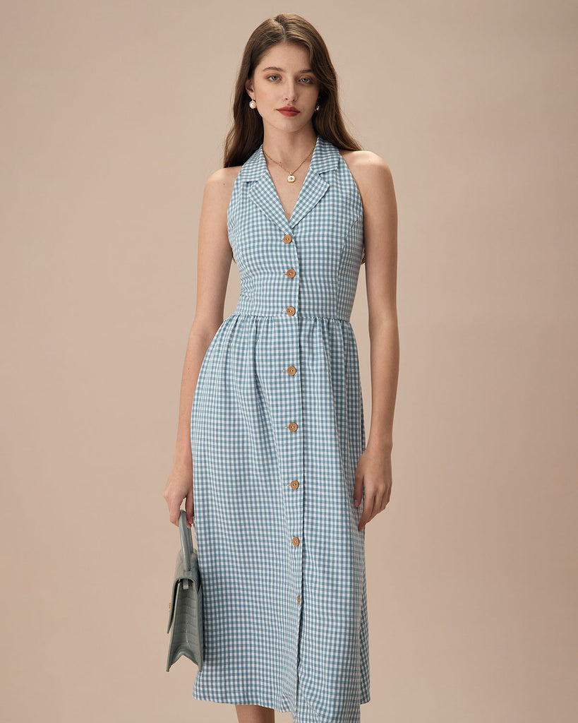 The Lapel Plaid Sleeveless Shirt Midi Dress Dusty Blue Dresses - RIHOAS