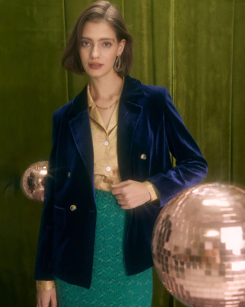 The Navy Double Breasted Velvet Blazer Outerwear - RIHOAS