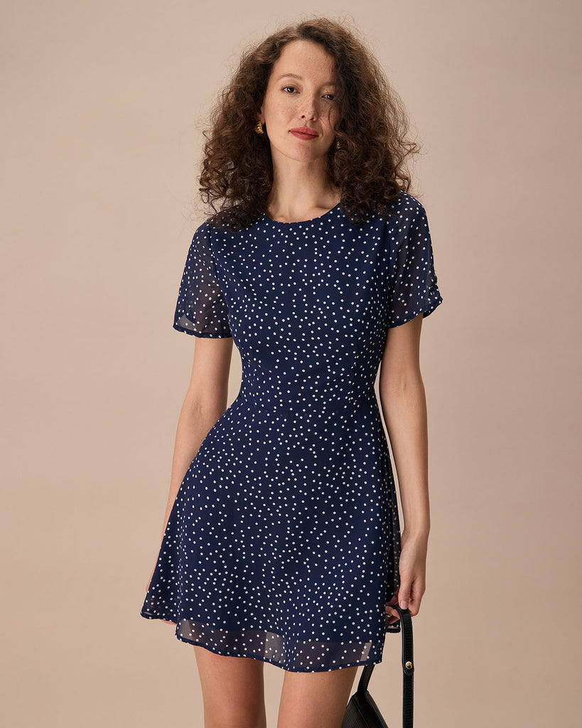 The Navy Polka Dot Cutout Back Mini Dress Navy Dresses - RIHOAS