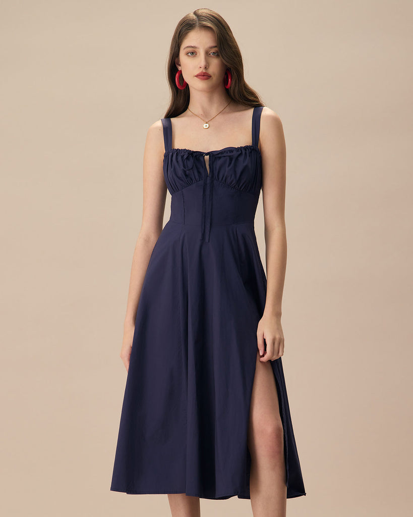 The Navy Square Neck Ruched Solid Midi Dress Navy Dresses - RIHOAS