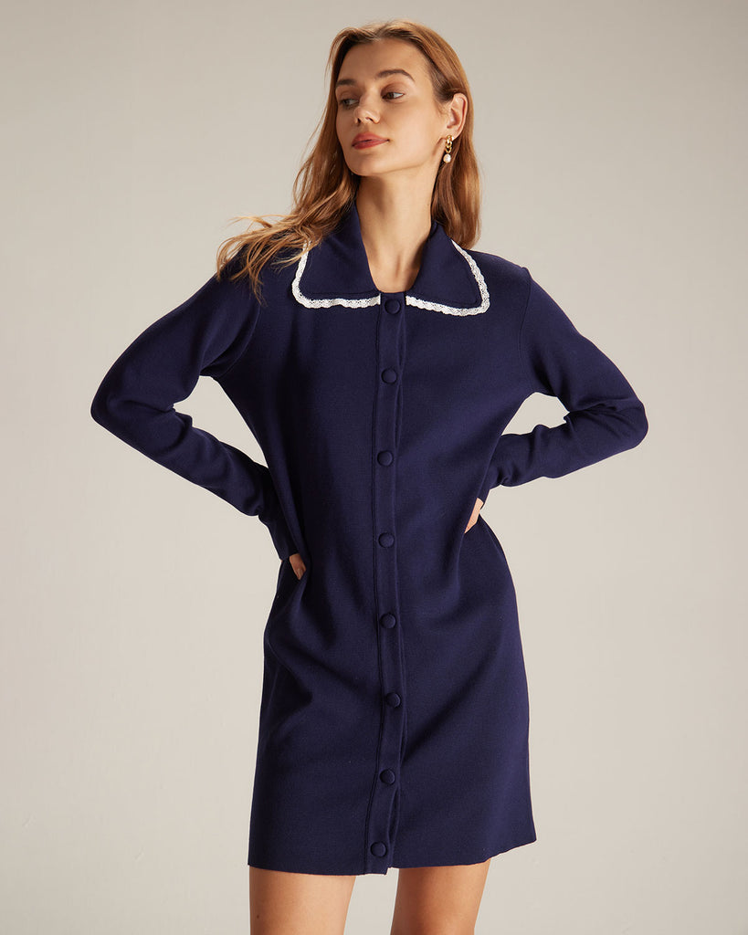 The Peter Pan Collar Sweater Dress Navy Dresses - RIHOAS