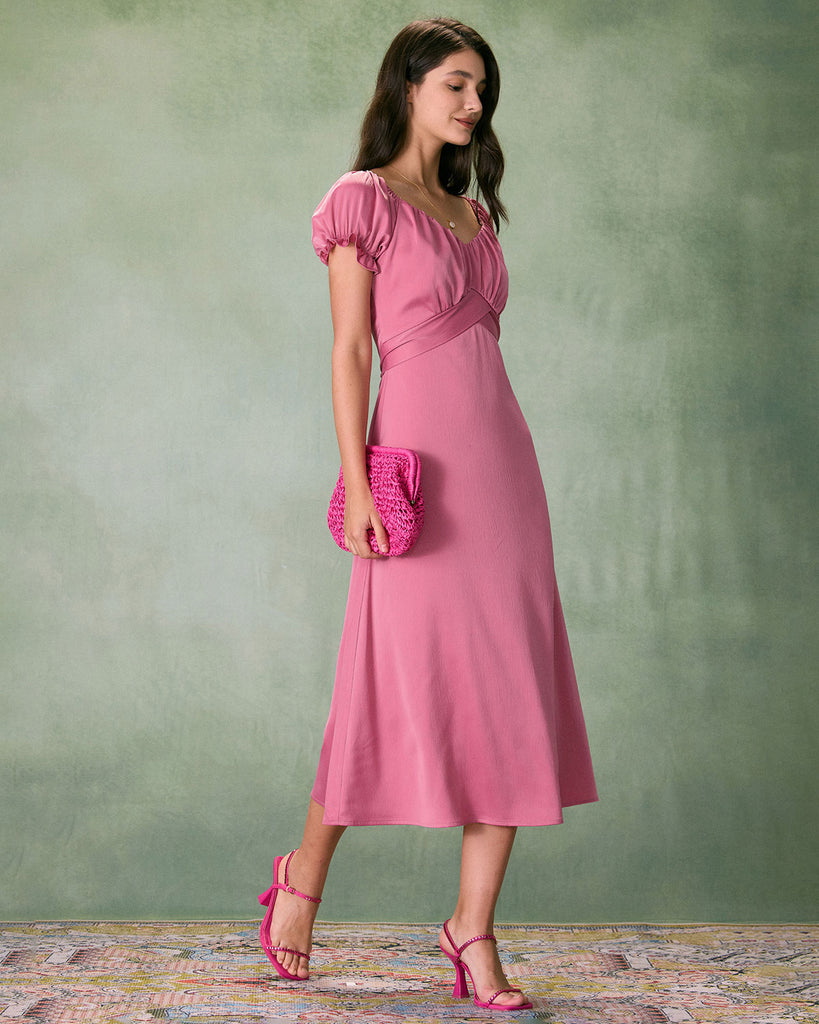 The Pink Ruched Satin Midi Dress Dresses - RIHOAS