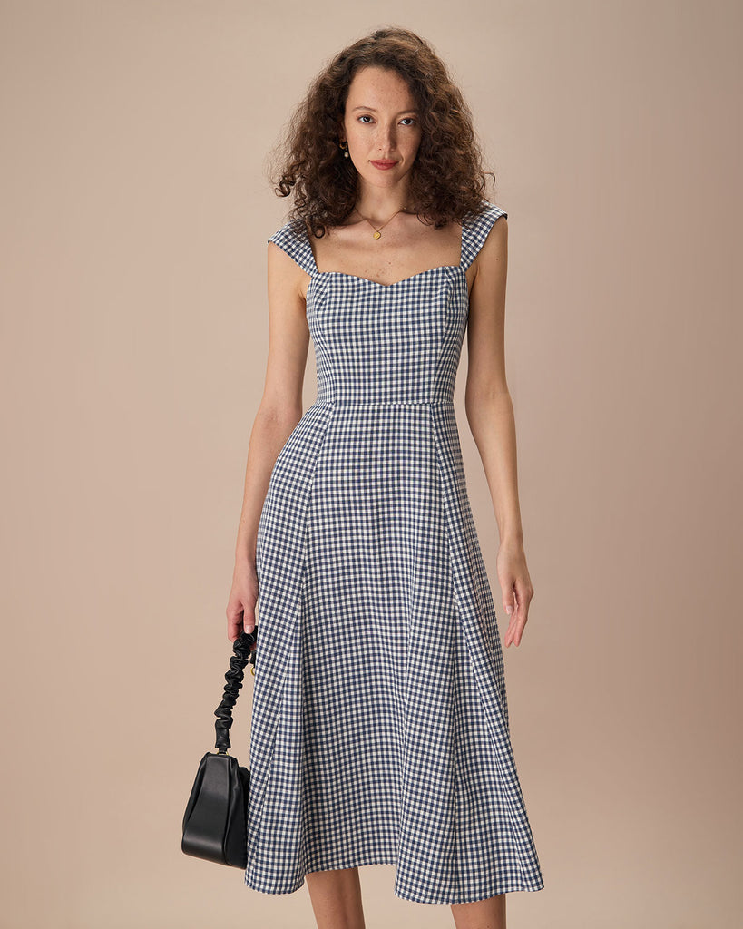 The Plaid Shirred Back Midi Dress Navy Dresses - RIHOAS