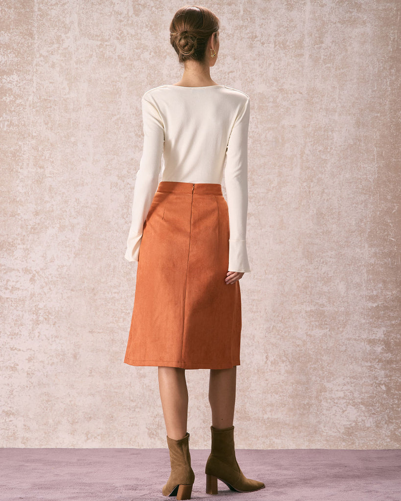 The Pleated Suede Midi Skirt Bottoms - RIHOAS