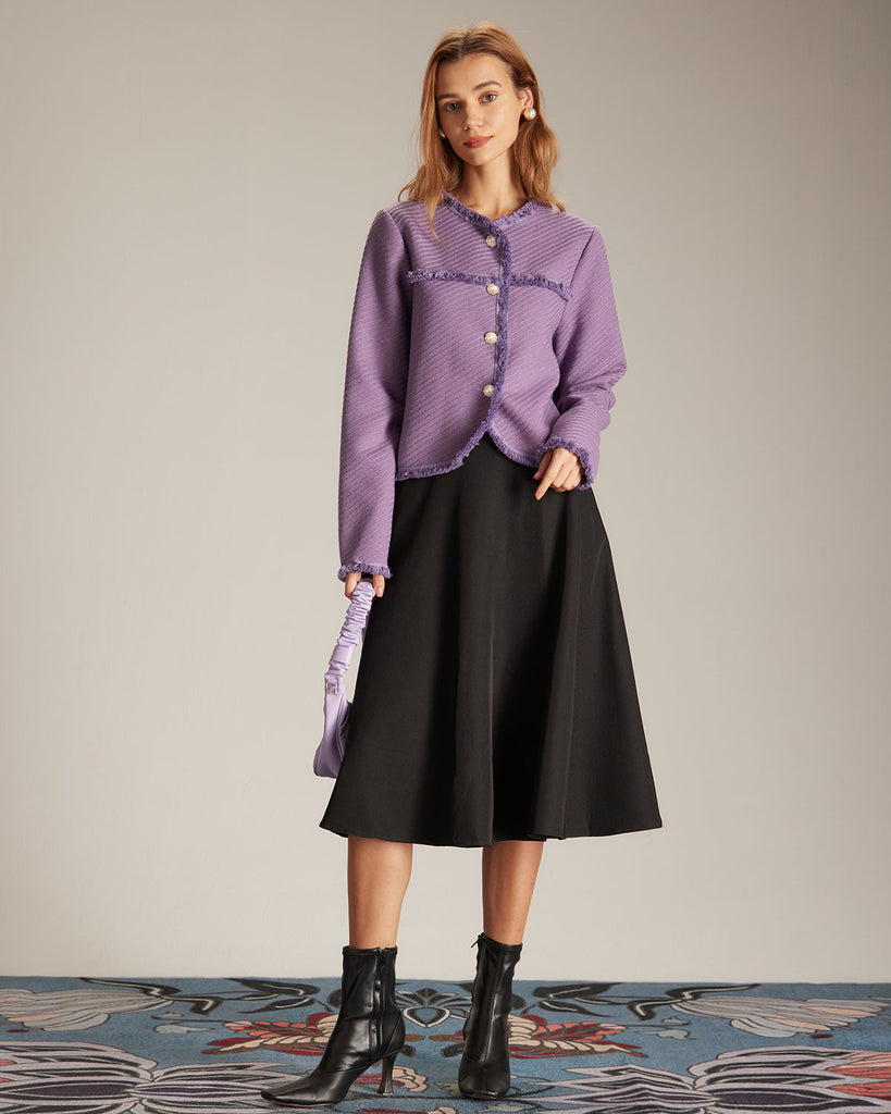 The Purple Crew-neck Fuzzy Trim Jacket Outerwear - RIHOAS