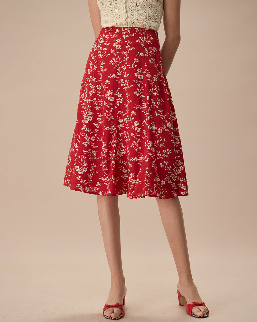 The Red High Waisted Floral Skirt Red Bottoms - RIHOAS