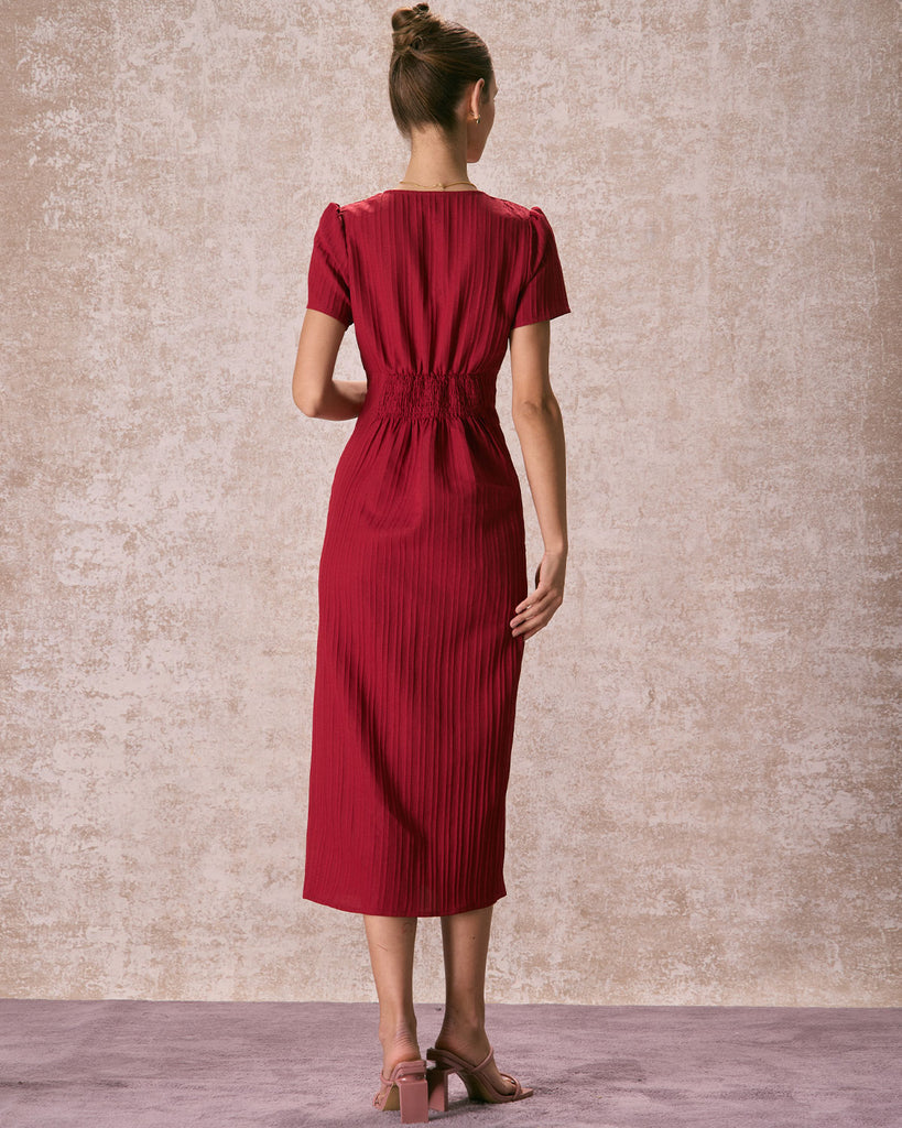 The Red V-Neck Puff Sleeve Midi Dress Dresses - RIHOAS