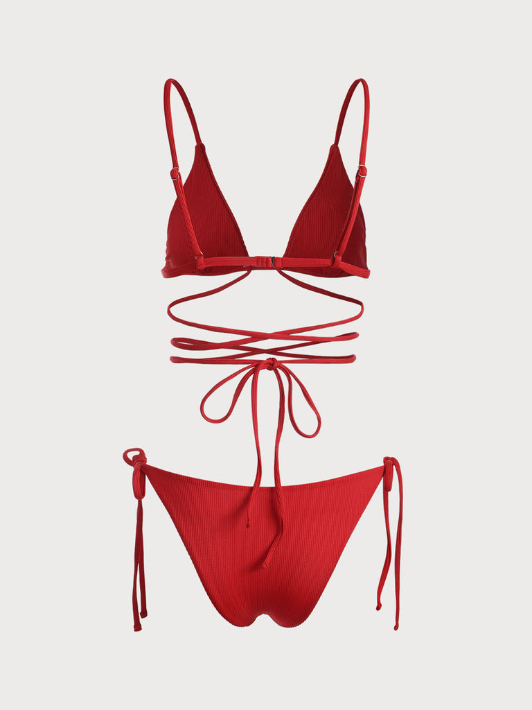 Red Criss-Cross Ribbed Bikini Set