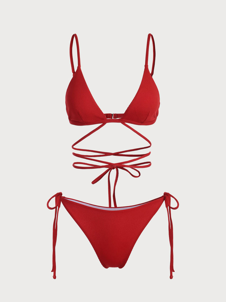 Red Criss-Cross Ribbed Bikini Set