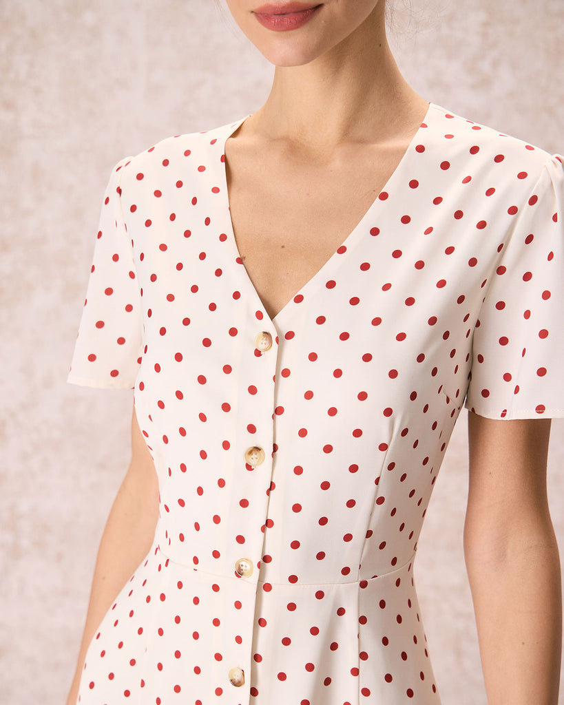 The V-Neck Polka Dot Midi Dress Dresses - RIHOAS