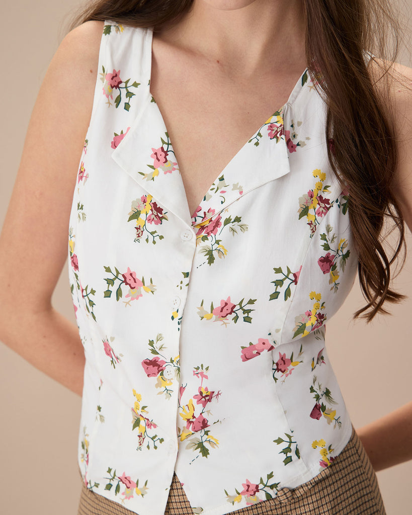 The V Neck Floral Button Sleeveless Shirt Tops - RIHOAS