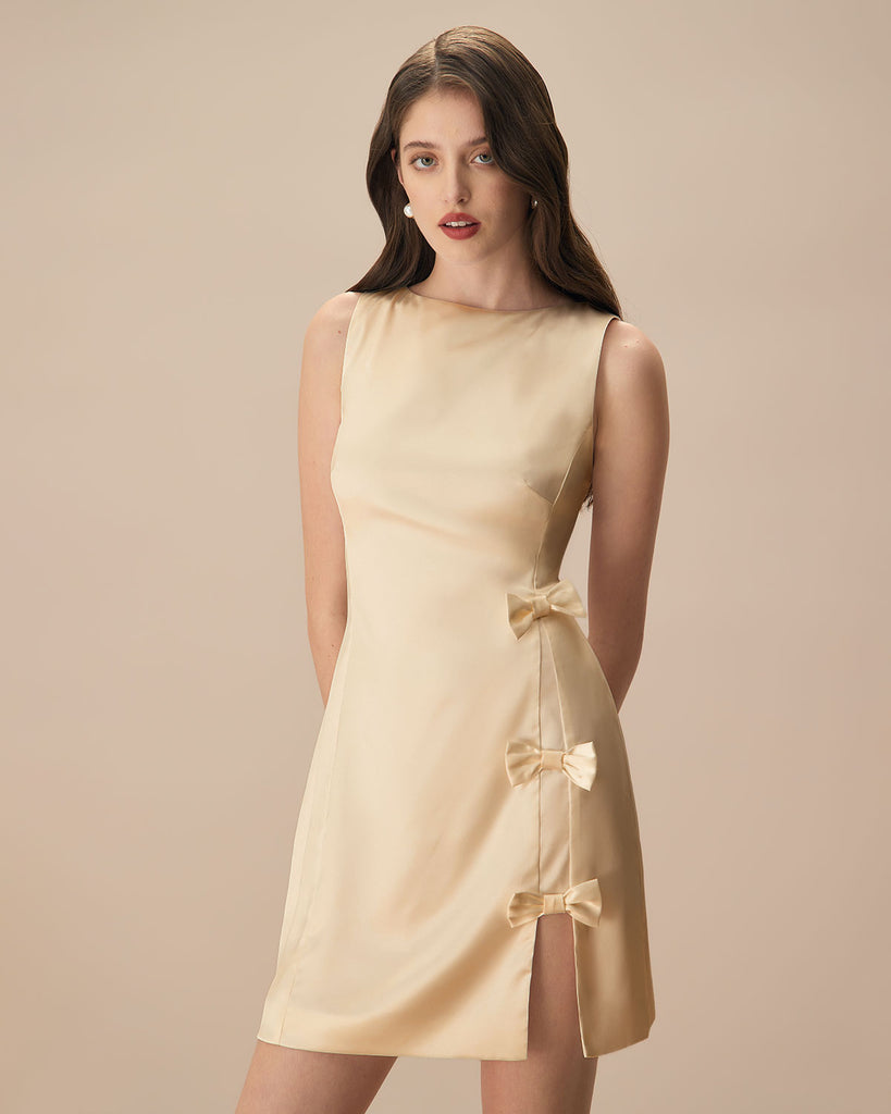 The Yellow Boat Neck Bowknot Satin Mini Dress