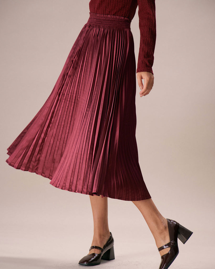 The Wine Red Pleated Midi Skirt Bottoms - RIHOAS