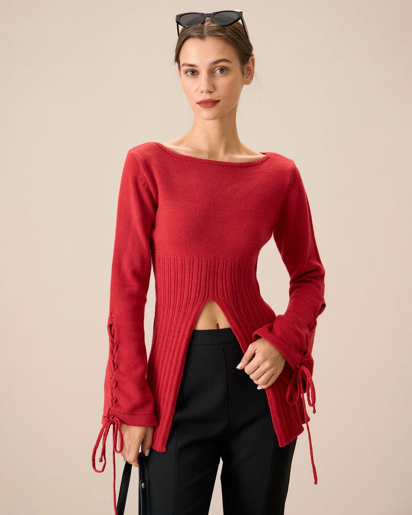 Women's Red Bell Sleeve Slit Sweater